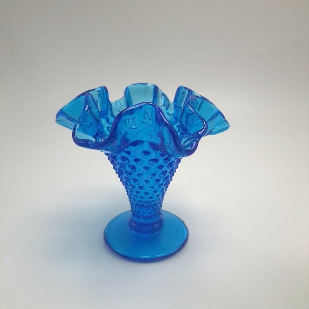 Fenton Blue Hobnail Glass Vase Ruffled Edge Vintage Home Accent Decor